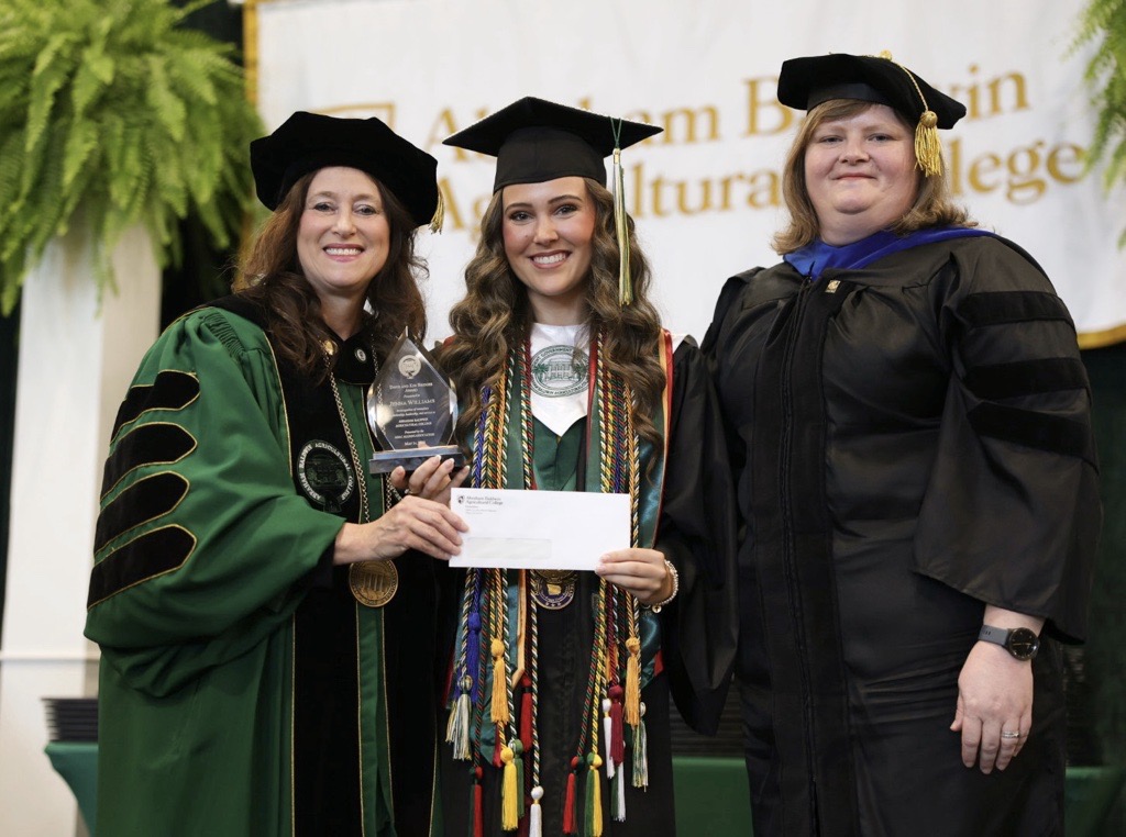 ABAC's president, alumni association vice president, and Bridges award winner at graduation.